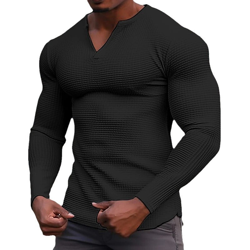 Men's Waffle V-neck T-shirt Top Holiday Long Sleeve Casual Fashion