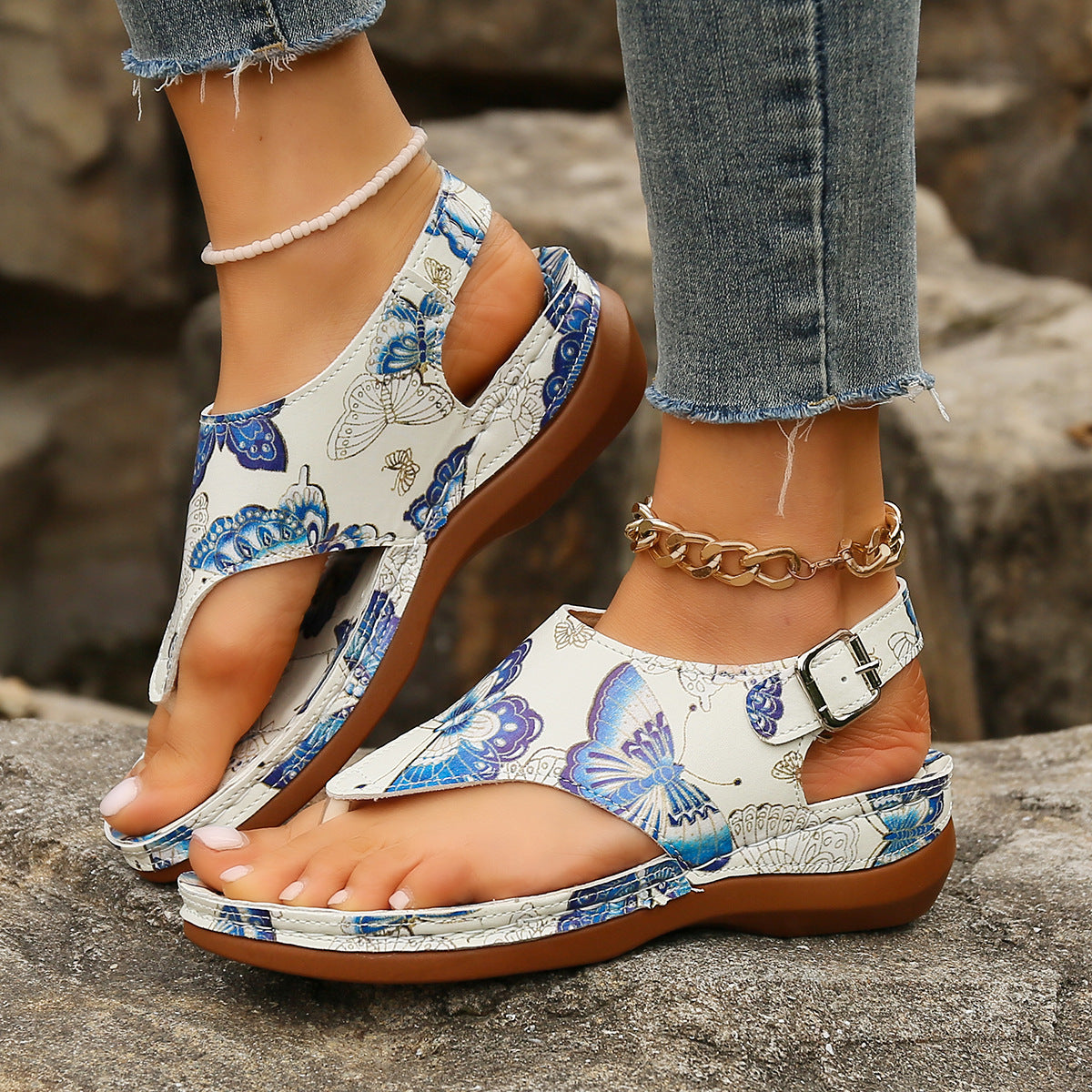 Women's Fashion Casual Flower Back Buckle Wedge Sandals