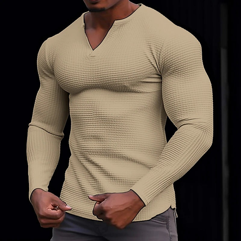 Men's Waffle V-neck T-shirt Top Holiday Long Sleeve Casual Fashion