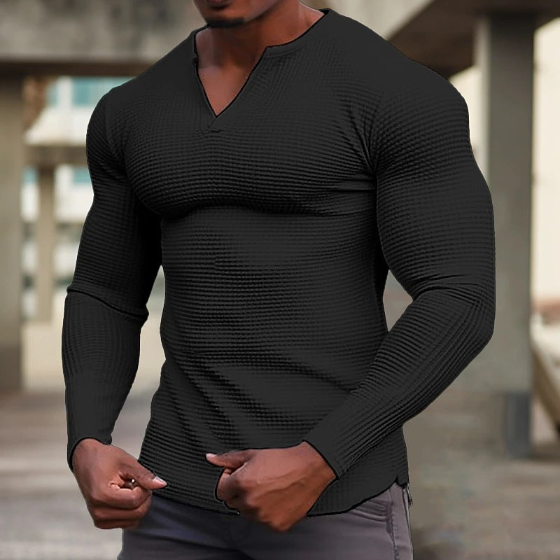 Men's Waffle V-neck T-shirt Top Holiday Long Sleeve Casual Fashion