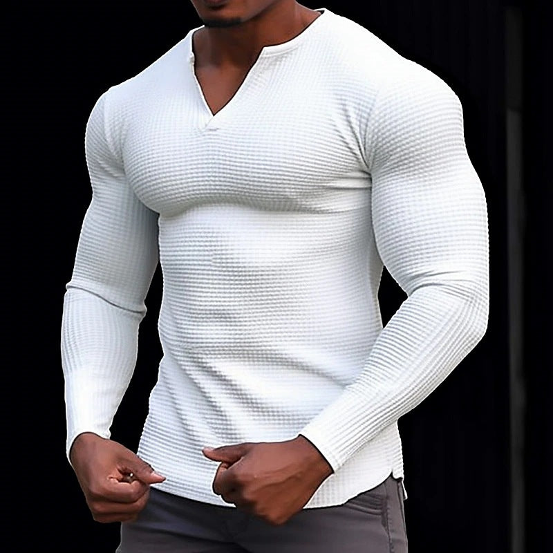 Men's Waffle V-neck T-shirt Top Holiday Long Sleeve Casual Fashion