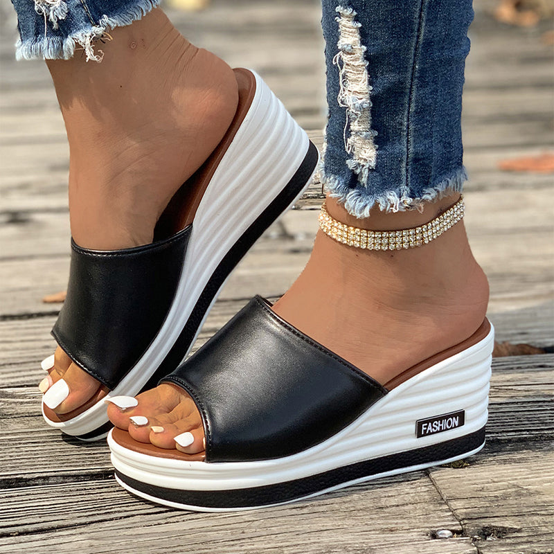 Fish Mouth Wedges Sandals Summer Fashion Hollow Design High Heels Slides Slippers Casual Beach Shoes For Women