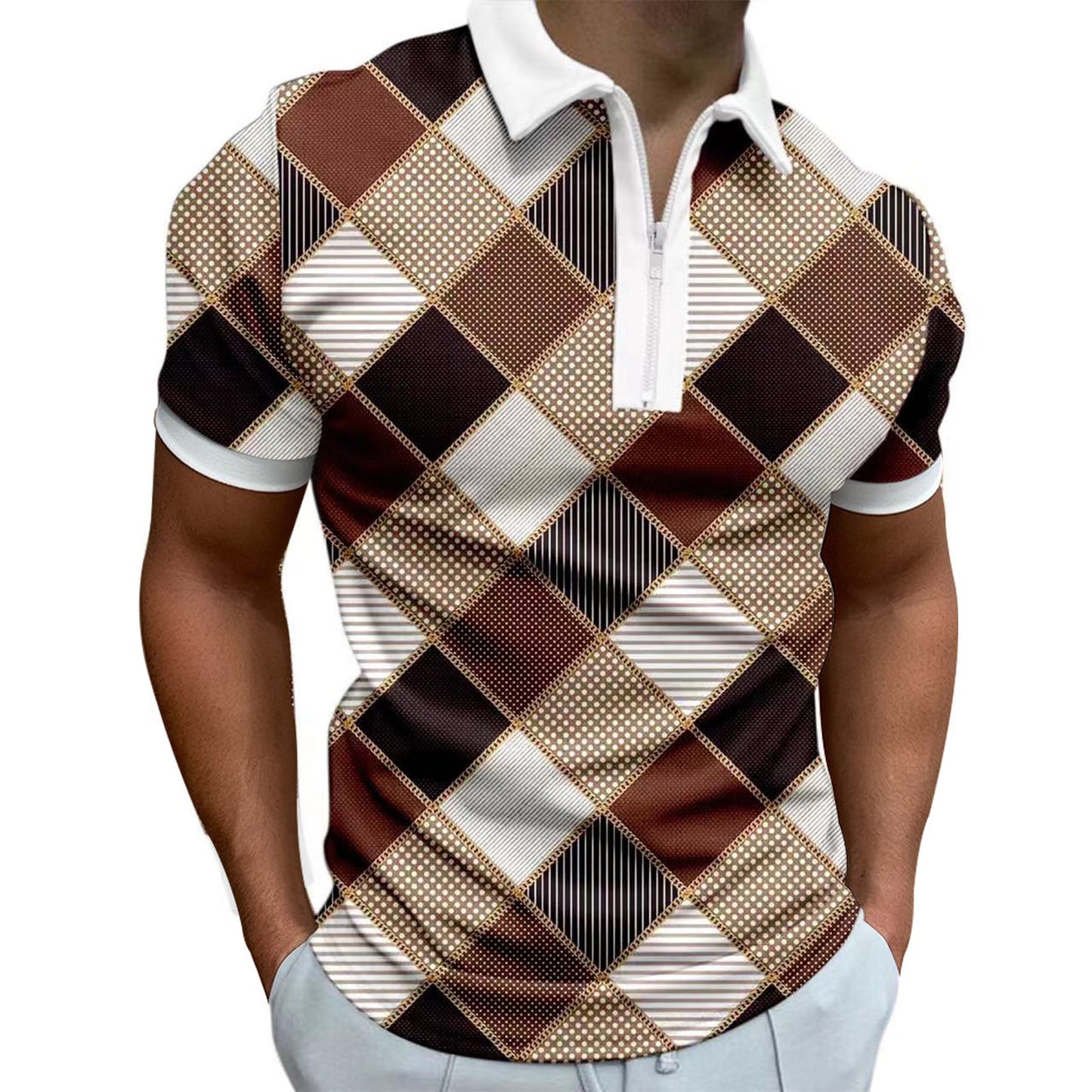 European And American Men's 3D Digital Printing Zipper Polo Shirt Plus Size